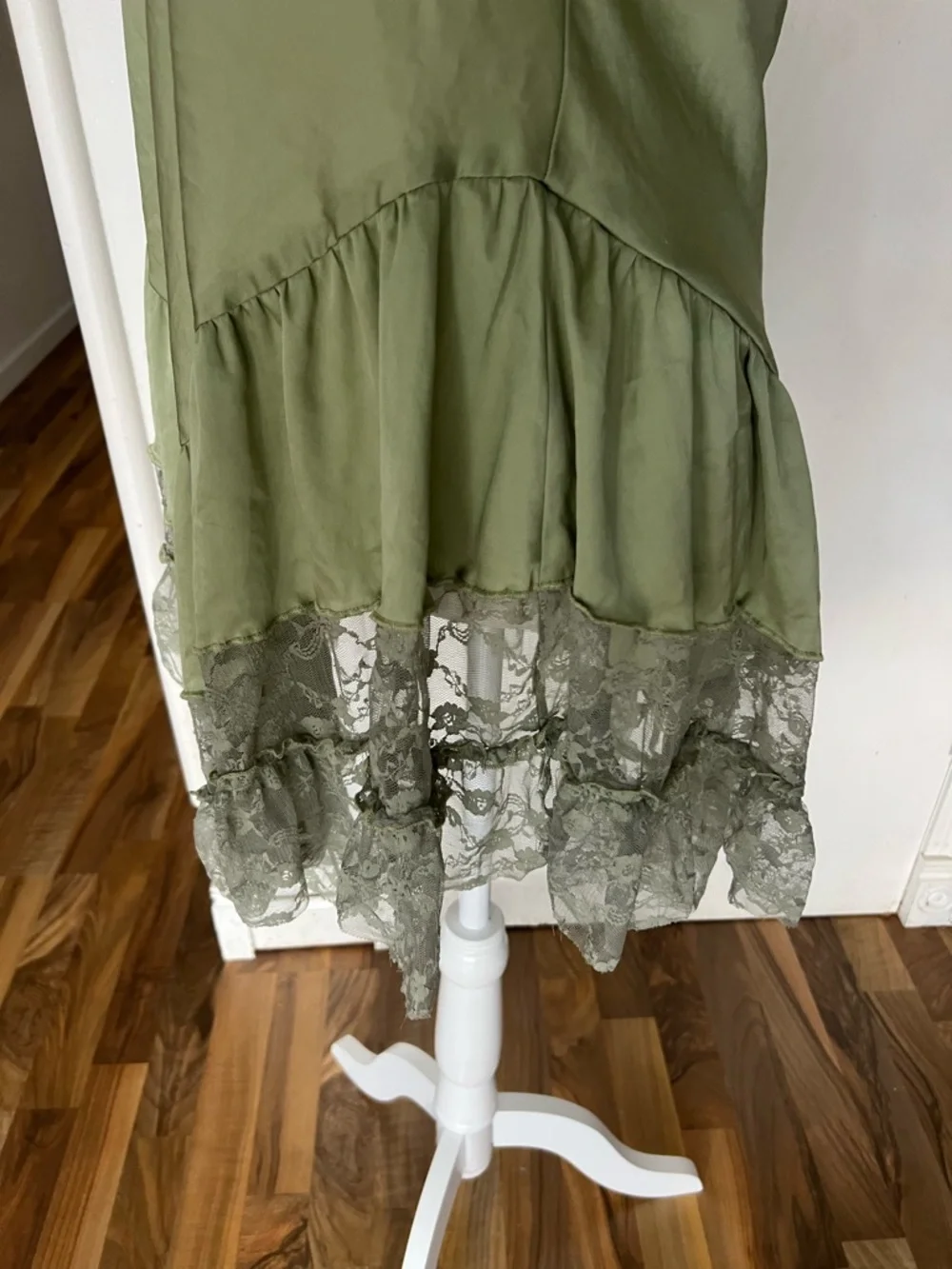 Sage Olive Green Lace-Hem V Drop Waist Mini Dress - Picture 9 of 13